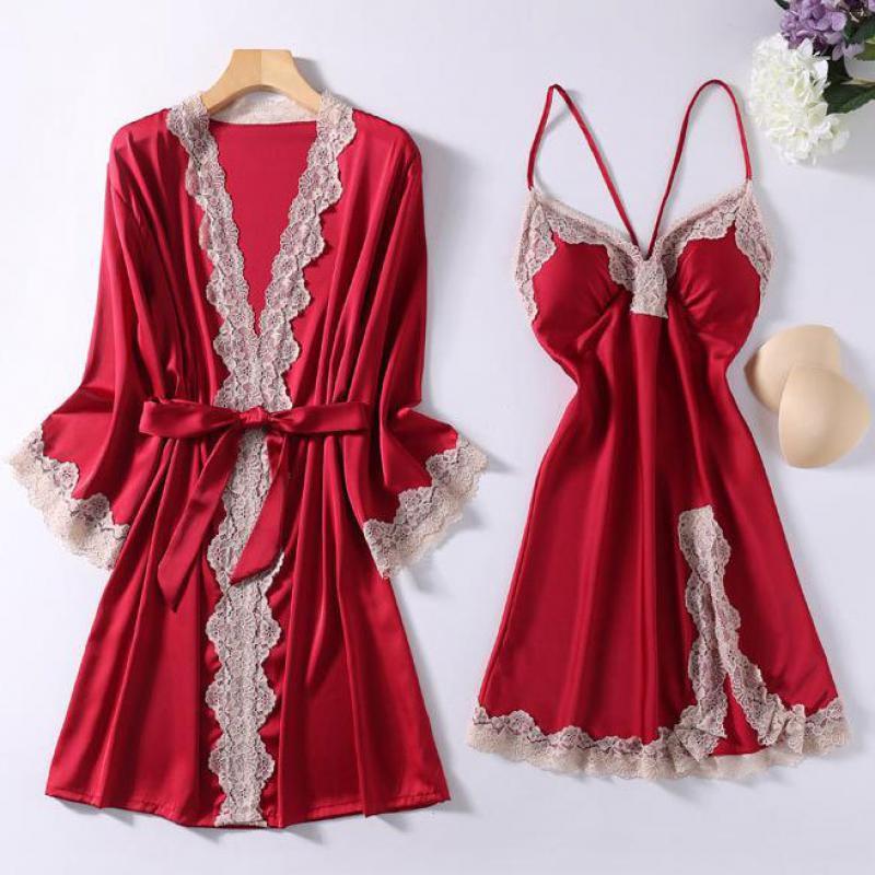 Short Red Lace-Trimmed Dressing Gown for Women 1 Short Red Lace-Trimmed Dressing Gown for Women