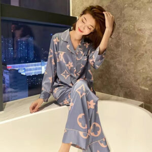 Blue Satin Printed Pyjama Set for Women