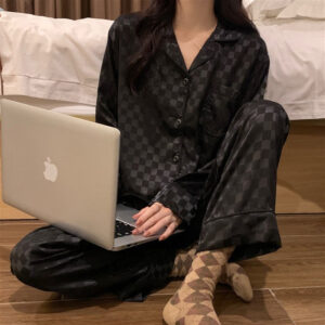 Black Satin Checked Pyjama Set for Women