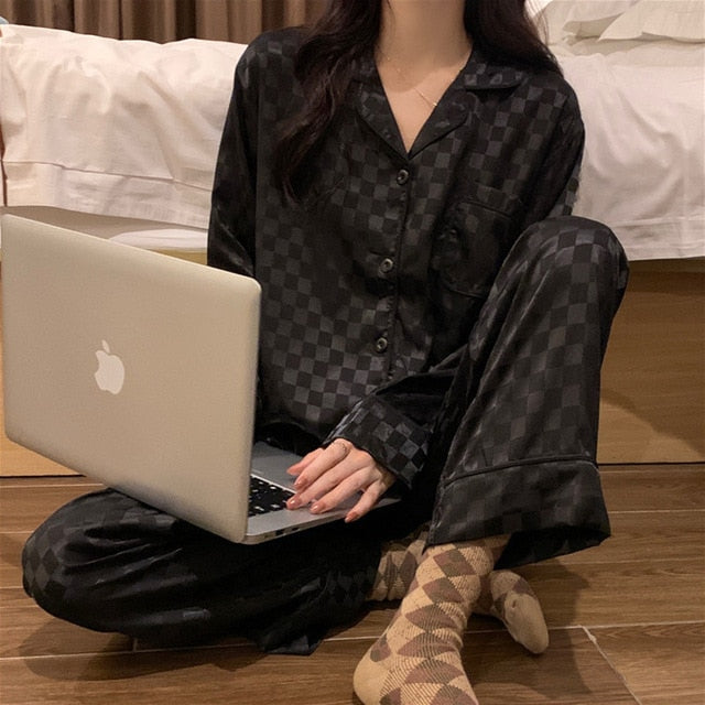 Black Satin Checked Pyjama Set for Women 1 Black Satin Checked Pyjama Set for Women