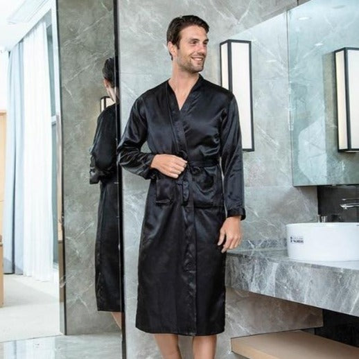 Black Satin Kimono Robe for Men 1 Black Satin Kimono Robe for Men