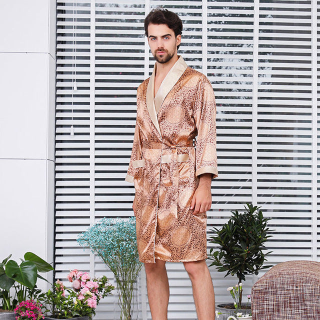 Beige Satin Bathrobe for Men 1 Beige Satin Bathrobe for Men